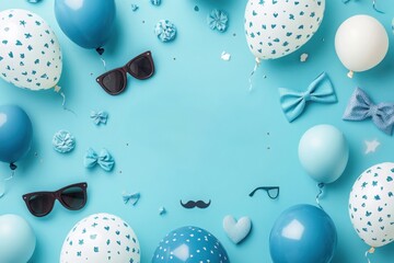 Festive Father s Day Balloons Bows and Sunglasses on a Pastel Blue Background A cheerful celebration perfect for cards or social