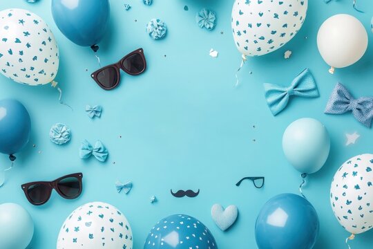 Festive Father s Day Balloons Bows and Sunglasses on a Pastel Blue Background A cheerful celebration perfect for cards or social - Powered by Adobe