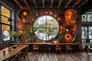 An elegantly designed steampunk themed interior of a modern restaurant