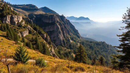 Fototapeta premium Serene Mountain Vista A Breathtaking Panorama of Majestic Peaks and Verdant Slopes