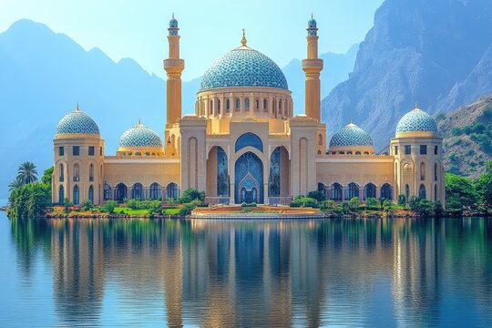 An elegant mosque with reflective water and surrounding mountainous backdrop