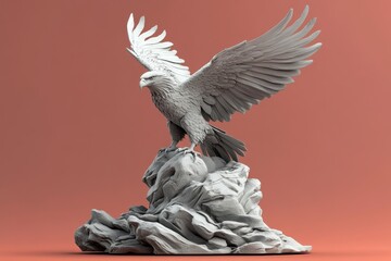 Fototapeta premium Grey sculpted raptor perched on a textured rock formation.