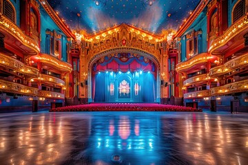 An Elegant Theatre Auditorium Featuring Stage and Illuminated Decorative Elements
