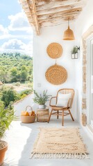 Cozy outdoor patio with wicker chair, rug, decor. Overlooks a hillside view