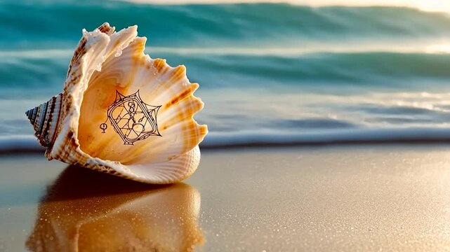 Close-up of a seashell on the sandy shore with soft waves at sunset reflecting warm light.  The shell has an element in the center. Peaceful and serene