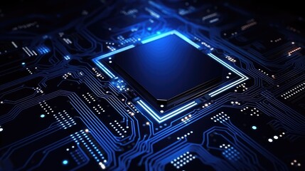 Fototapeta premium Abstract blue circuit board background with a chip and glowing light effect on a dark backdrop. 