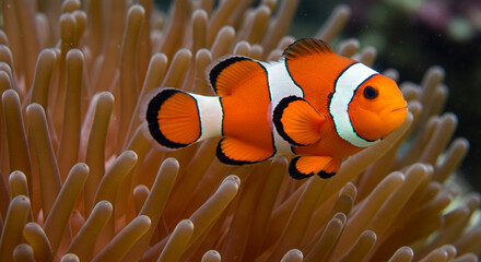 Clownfish nestled within its anemone home a vibrant symbiosis in marine life