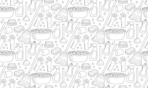 Seamless doodle background with cleaning products and tools. Cute pattern with hand drawn house work elements
