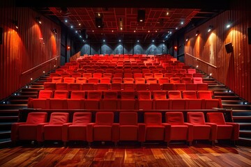An empty auditorium shows red seats and wooden interior detail