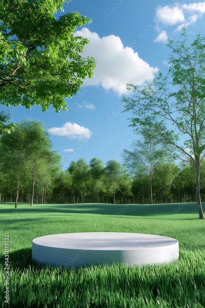 Poster 緑豊かな公園の草地に配置された円形プラットフォーム 青い空と白い雲 晴れた日の自然風景
