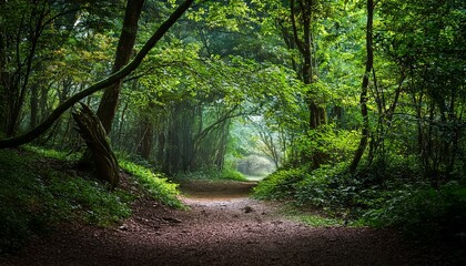 Obraz premium dense greenery enveloping a mystical forest path nature greens