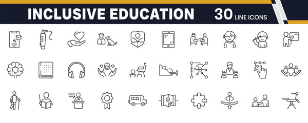 Inclusive Education and Special Needs Icons – Accessibility, Learning Support, and Adaptive Classroom Line Icon Set