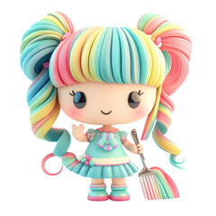 Fototapeta premium Adorable Rainbow Hair Girl: 3D Render of a Cute Cartoon Character with a Pastel Rainbow Hairstyle and Outfit, Holding a Colorful Comb