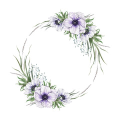 Floral wreath of soft purple anemones, green leaves, wild and dried herbs. Watercolor botanical illustration is perfect for eco-branding, cards, wedding design, botanical projects, floristry.
