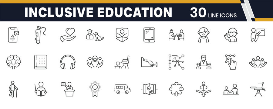 Inclusive Education and Special Needs Icons – Accessibility, Learning Support, and Adaptive Classroom Line Icon Set