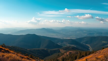 Serene Mountain Vista Expansive Panoramic View of Rolling Hills and Verdant Forests Under a Blue Sky with Puffy Clouds