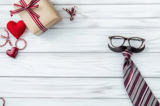 Happy Father s Day Gift ideas hearts a tie glasses and mustache on rustic white wood background