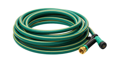 Isolated Green Garden Hose with Adjustable Nozzle