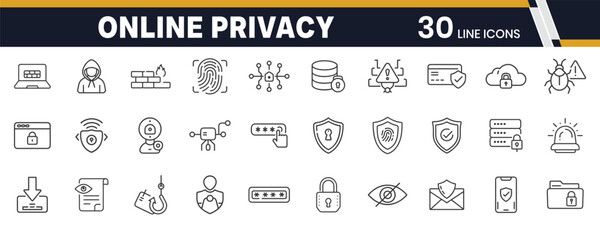 Online Privacy and Cybersecurity Icons – Data Protection, Digital Shield, and Internet Security Line Icons