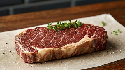 Obraz premium Bone-in ribeye steak beautifully presented on a piece of paper with copy space for text and culinary inspiration