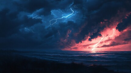 Naklejka premium Dramatic Ocean Sunset with Striking Lightning Bolts