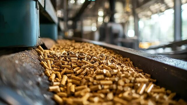 Wood chips moving on conveyor belt in pellet mill