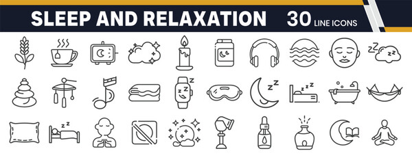 Sleep and Relaxation Icons – Bedtime Routine, Rest, and Stress Relief Line Icon Collection