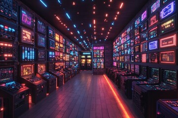 A neon lit arcade room filled with electronic displays