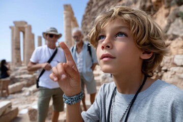 A young boy, standing amid ancient ruins, points excitedly as he engages with history, embodying curiosity, adventure, and the endless quest for knowledge and discovery.