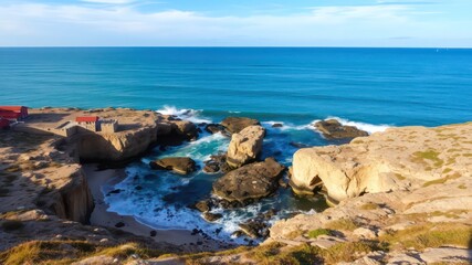 Serene coastal scene with ocean waves crashing against rocky formations near a small building on a cliff