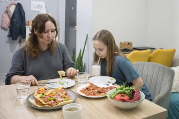 Mid adult woman and young child girl eating homemade pizza. Mother and daughter resting at home