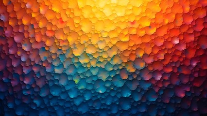 A vibrant abstract artwork.  The image is composed of many small, irregular, polygon-shaped forms, creating a mosaic-like effect.  Colors transition smoothly from warm hues like orange and yellow at t