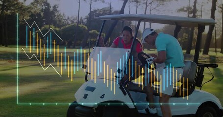 male golfer driving golf cart with woman leaning on frame, showing business bar and line charts - Powered by Adobe