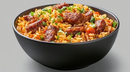 Fototapeta premium Flavorful Rice Bowl with Tender Meat and Greens