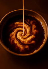 Swirling cream mixing into black coffee, captured in macro to highlight the elegant patterns of diffusion in rich, warm tones.