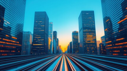 Fototapeta premium Urban Landscape at Dusk with Skyscrapers and Infrastructure in a Modern City Setting