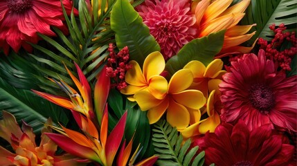 Vibrant arrangement of tropical flower and leaves showcasing rich color and textures