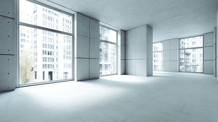 Fototapeta premium Minimalist Bright Concrete Wall with Large Windows, Soft Natural Light, Clean Architectural Lines, Simple Office Environment