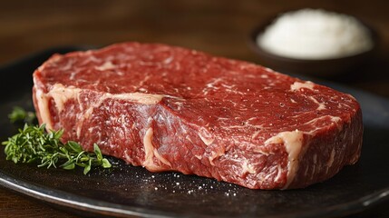 Fototapeta premium Delicious piece of grain-fed steak served on a plate with copy space available for text or branding enhancements
