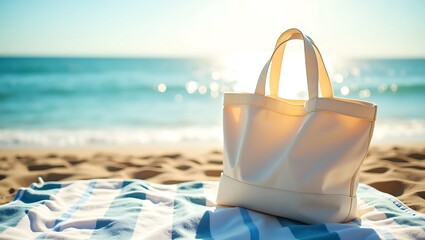 Beach Bag on Sandy Shore Summer Vacation Tote