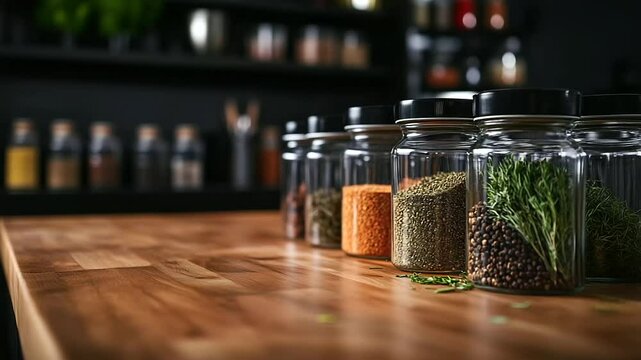 A stylish kitchen showcases glass jars of spices and herbs, each neatly arranged on a wooden counter. The minimalist black backdrop emphasizes the natural, earthy beauty of the ing