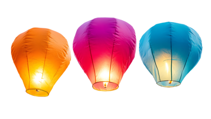 Colored sky lanterns on transparent background.