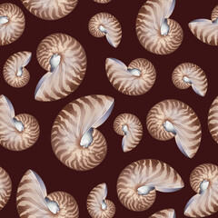 Marine summer themed seamless pattern on red background.  Pastel Seashells ornament.Ocean inspired marine design perfect for fabric prints, wallpapers, beach decor,wraping paper