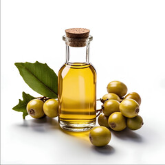 Jojoba oil in a glass bottle on a white background