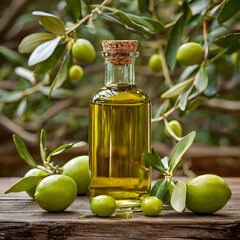 Olive oil in glass bottle, olives lying side by side on wooden table against olive branch background