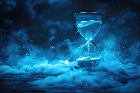 An Hourglass Suspended Amidst Ethereal Swirling Blue Mists - Powered by Adobe