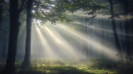 Serene misty forest with sun rays breaking through trees calm nature peaceful scene