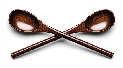 Two smooth, dark wooden spoons are crossed