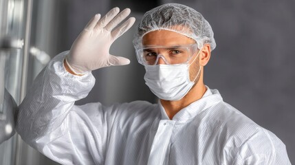 Portrait of a man in a sterile environment wearing a white protective suit, gloves, mask, and glasses. He is slightly squinting, shielding his eyes with his hand, possibly due to bright light.