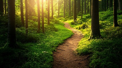 Serene woodland trail winding through forest lush greenery sunlit patches peaceful